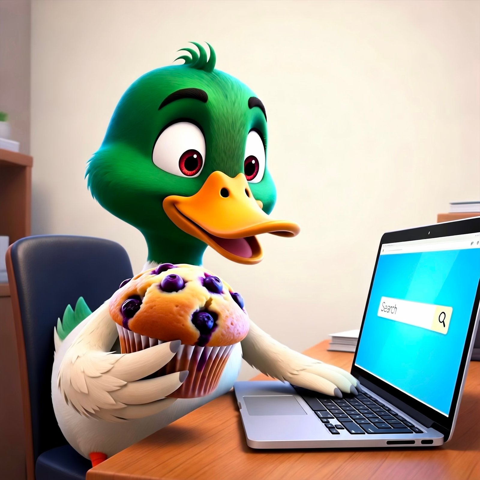 Ducky Muffin — a cartoon mallard duck sitting at a desk, holding a giant blueberry muffin next to an open laptop